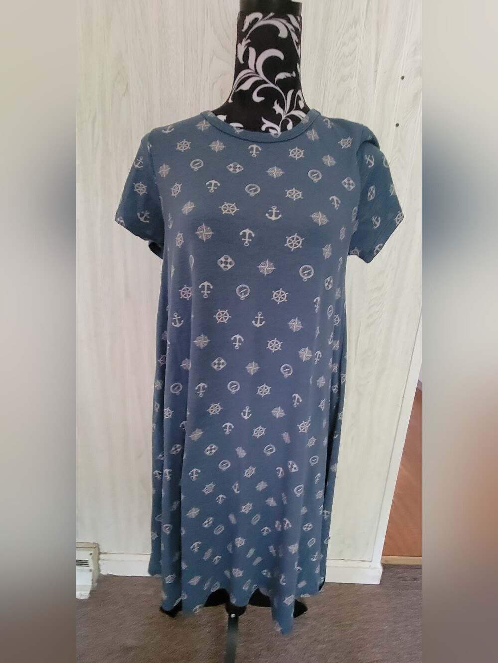 Lularoe Size XS  Blue Nautical Hi-Lo Dress Anchors Ship Wheels & Compass accents